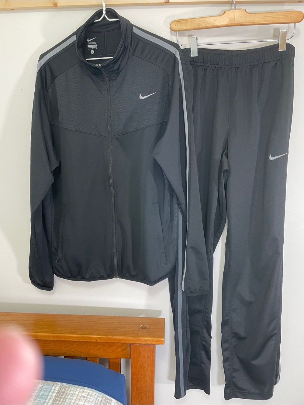 Nike Men's Black Track Jacket and Pants with Gray Stripes